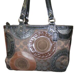 COACH Circle Mosaic Patchwork East West Tote F15466 Browns Patent Canvas Leather